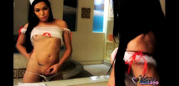  Pretty Asian Tranny In Nurse Outfit Strips And Plays In Public Bathroom